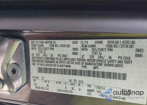 2015 Ford Escape Se из США, поврежденный, VIN 1FMCU0GX3FUA87488